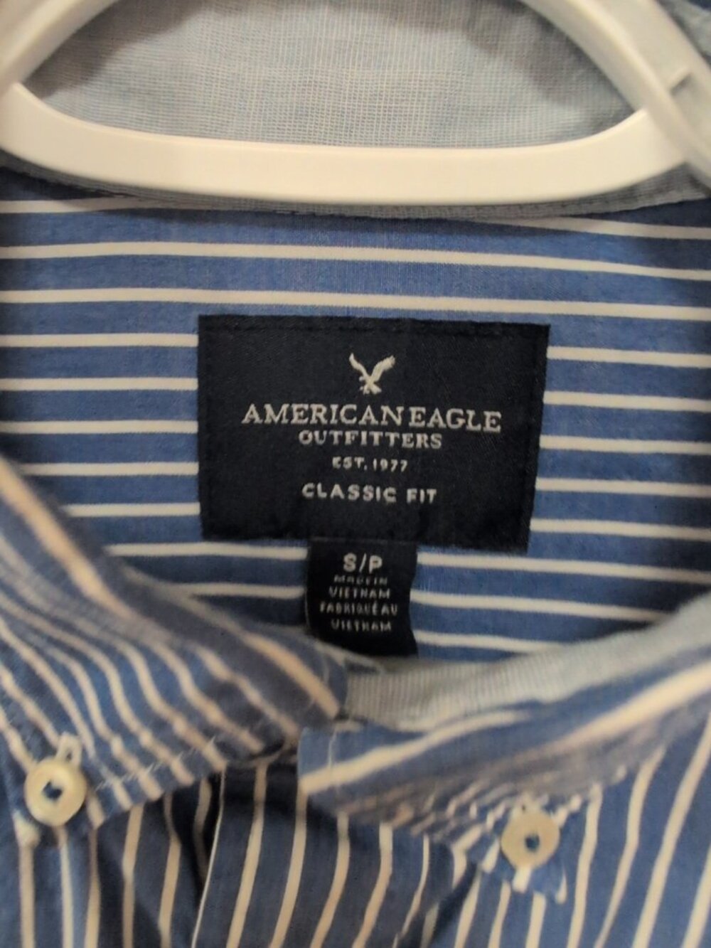 American Eagle Outfitters Shirt Men's S Blue White Long Sleeve Polo Striped Logo - Picture 2 of 8